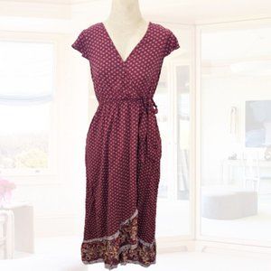 Red, Floral Maxi Faux-Wrap V-neck, Exposed Back Dress w/ Asymmetrical Hem